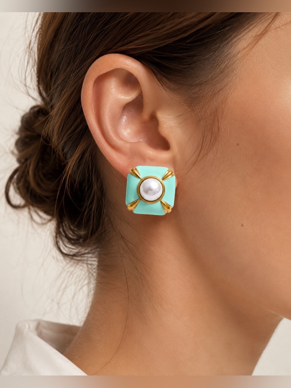 Turquoise Enamel Pearl Stud Earrings | Gold Plated Vintage Statement Earrings